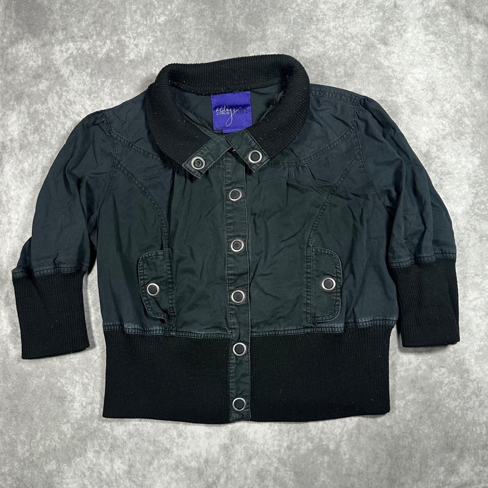 Miley Cyrus Max Azria Black Cropped Bomber Jacket XL Snap Button Y2K Utility